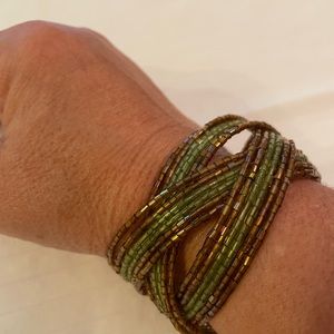 Green and brown beaded cuff bracelet